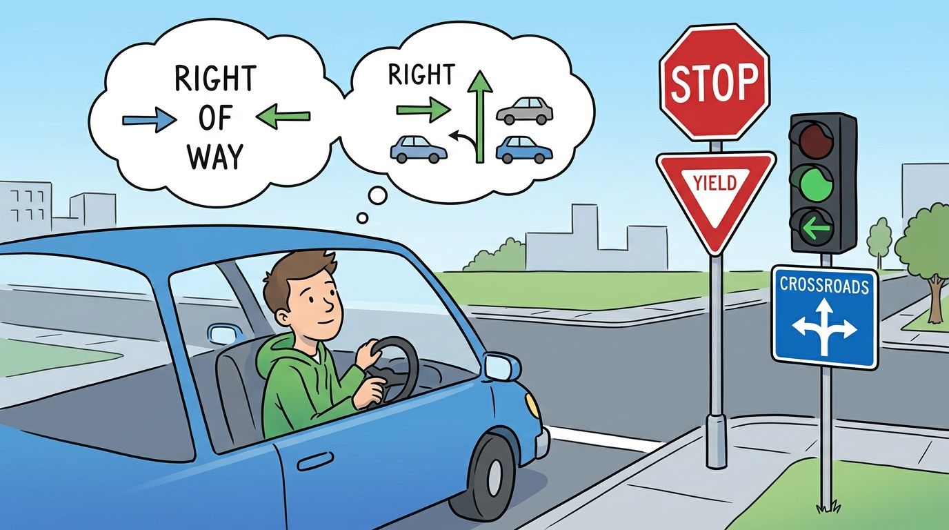 A young man driving a blue car while considering traffic rules at a complex road intersection.