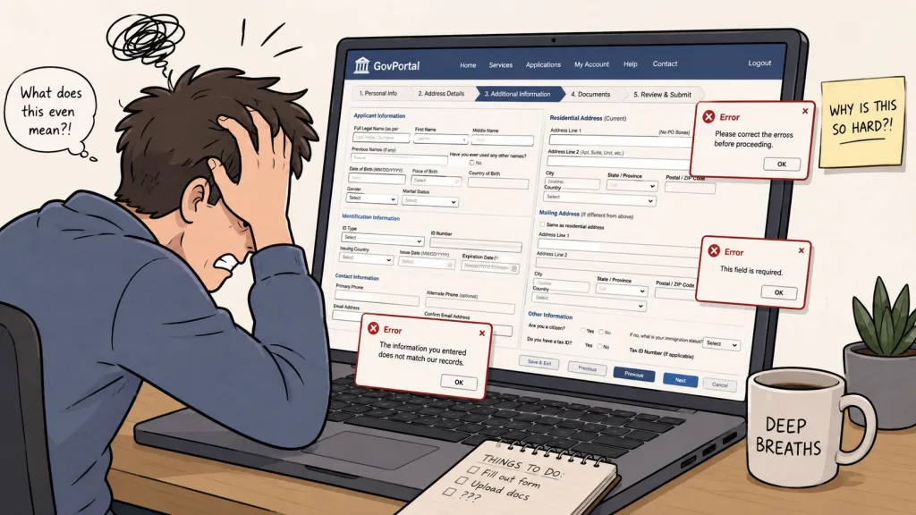 A frustrated person looking at a government portal on a laptop screen with multiple error messages displayed.