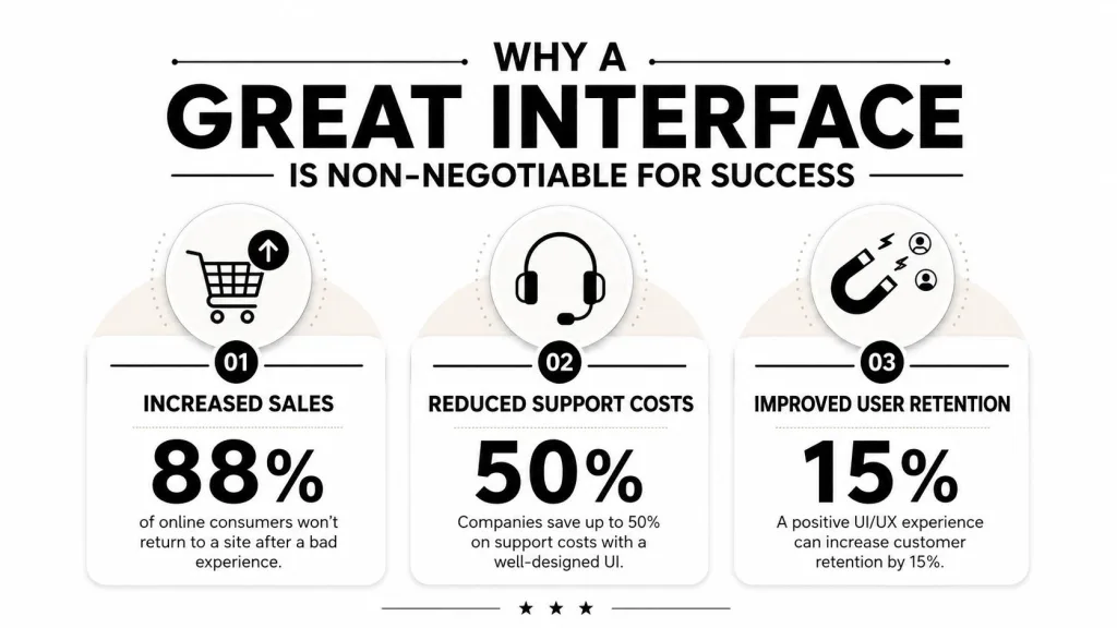 An infographic showing that a great user interface increases sales, reduces support costs, and improves customer retention.