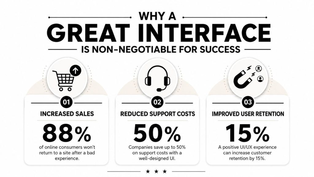 An infographic showing that a great user interface increases sales, reduces support costs, and improves customer retention.