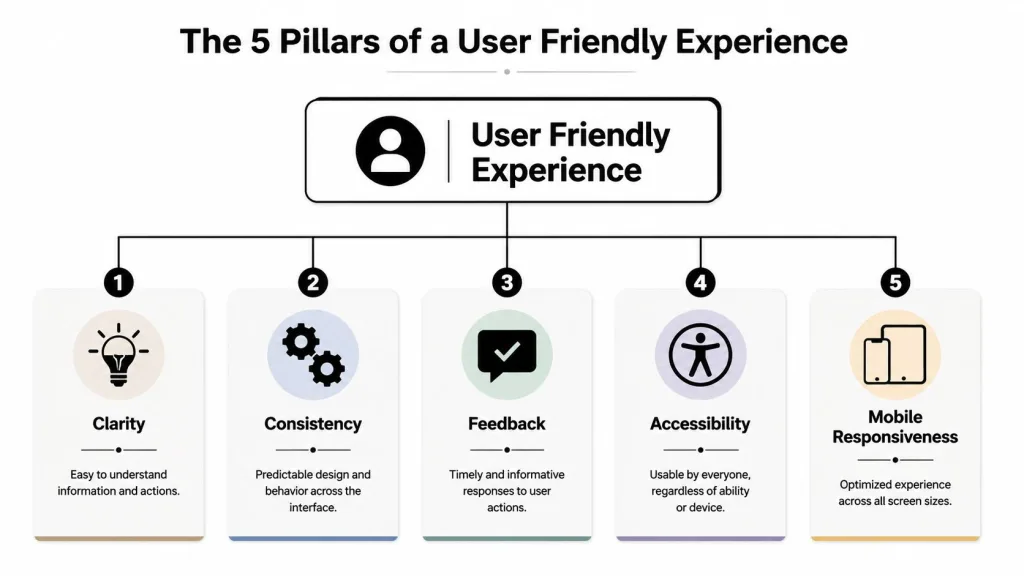 A diagram outlining the five key pillars of a user friendly experience including clarity, consistency, feedback, accessibility, and responsiveness.