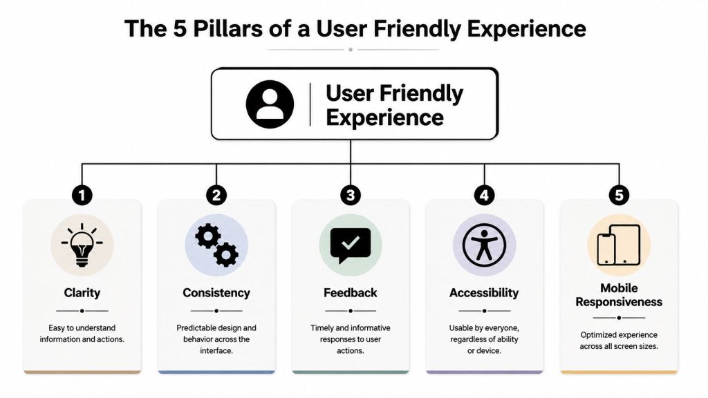 A diagram outlining the five key pillars of a user friendly experience including clarity, consistency, feedback, accessibility, and responsiveness.