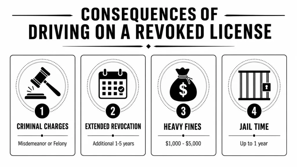 An infographic detailing the legal and financial consequences of driving on a revoked driver's license.