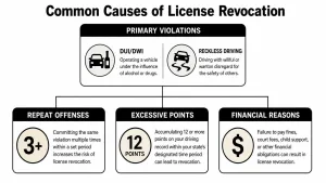 A flowchart infographic titled Common Causes of License Revocation, detailing primary violations, repeat offenses, points, and financial reasons.