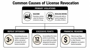 A flowchart infographic titled Common Causes of License Revocation, detailing primary violations, repeat offenses, points, and financial reasons.