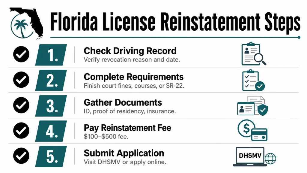 A checklist infographic detailing the five steps for reinstating a suspended driver's license in Florida.