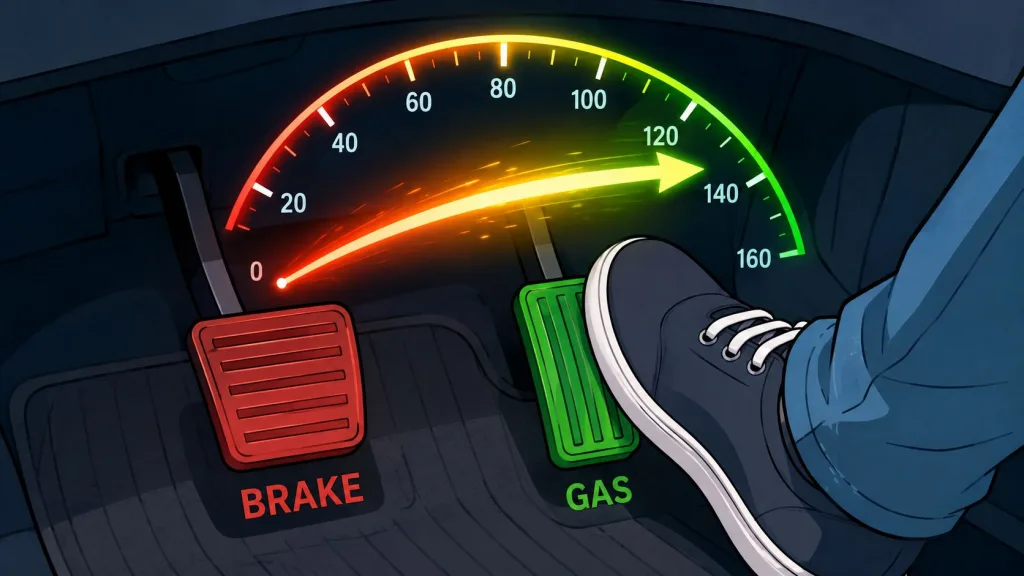 A digital illustration showing a foot pressing a gas pedal with a speed indicator moving quickly.