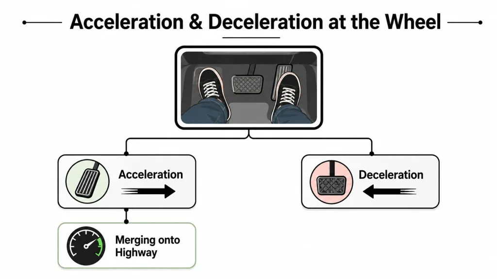 A diagram illustrating car pedal usage for acceleration and deceleration while driving, showing foot positions.