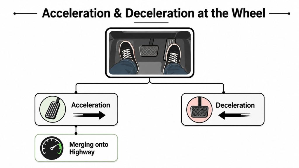 A diagram illustrating car pedal usage for acceleration and deceleration while driving, showing foot positions.