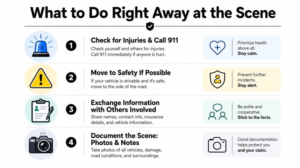 An infographic showing a four-step guide on what to do immediately following a vehicle accident.
