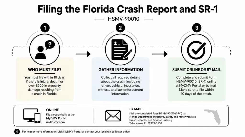 An infographic outlining the three-step process for filing a Florida crash report form HSMV-90010 after an accident.
