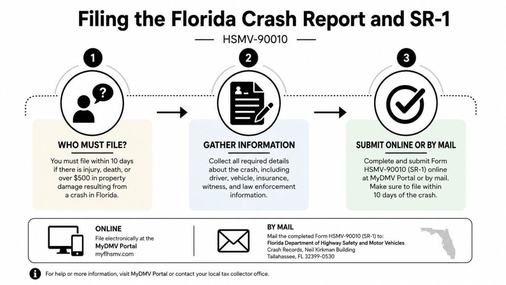 An infographic outlining the three-step process for filing a Florida crash report form HSMV-90010 after an accident.