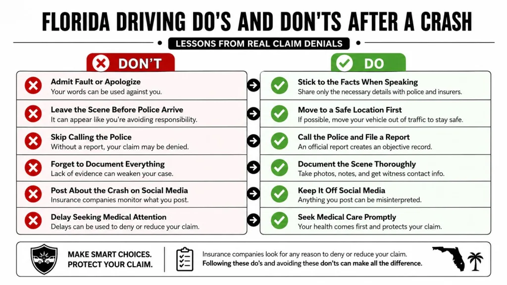 An infographic titled Florida Driving Dos and Donts after a crash, listing six key post-accident safety recommendations.