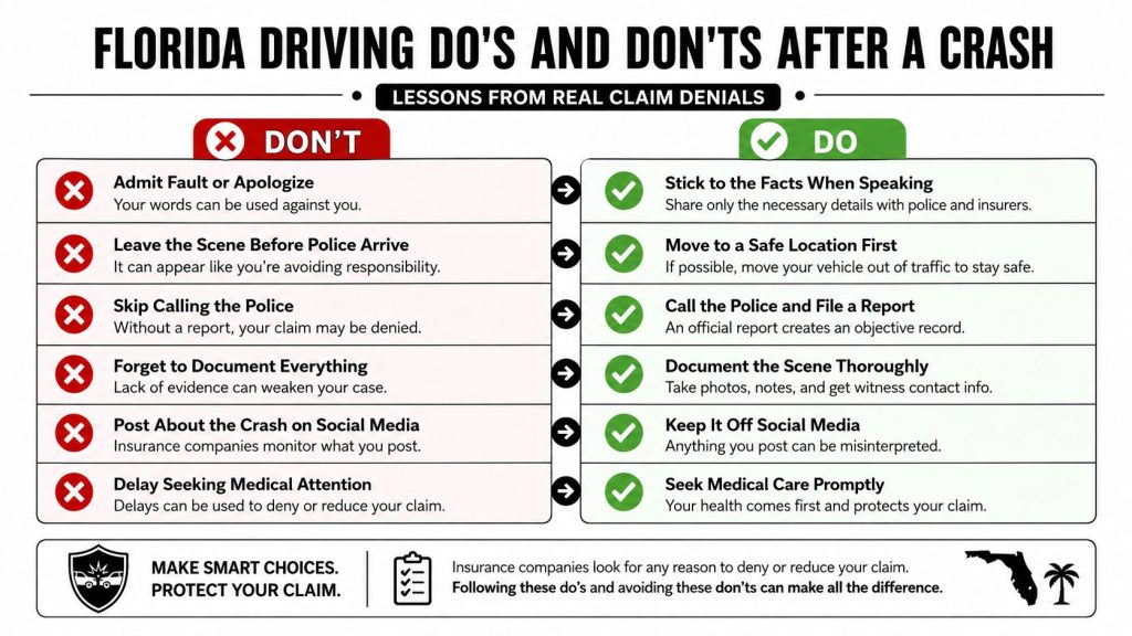 An infographic titled Florida Driving Dos and Donts after a crash, listing six key post-accident safety recommendations.
