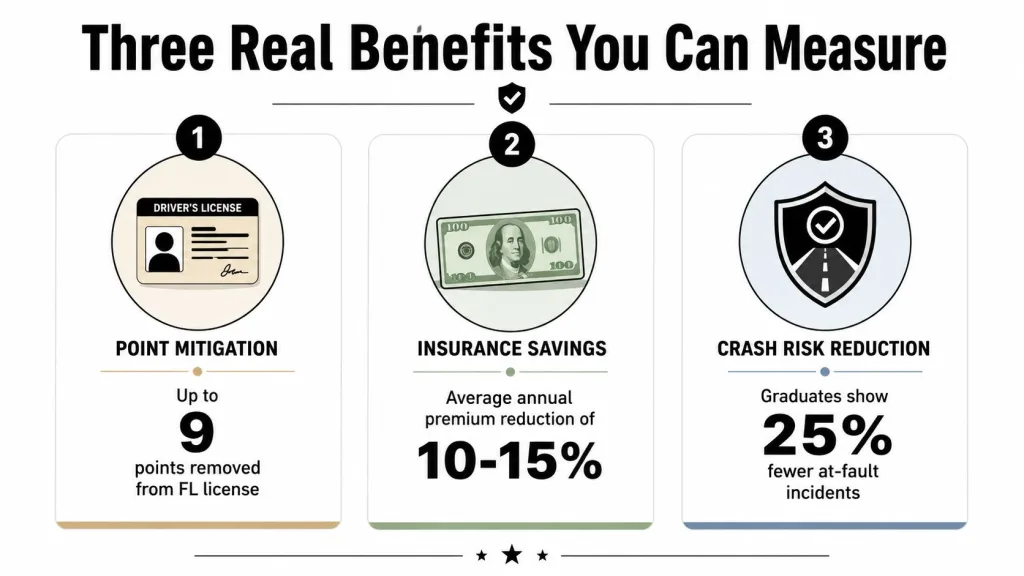 An infographic showing three benefits of driver education: point mitigation, insurance savings, and crash risk reduction.
