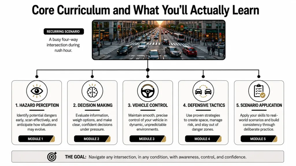 A diagram outlining a core curriculum for advanced driver education featuring five modules for safe navigation.