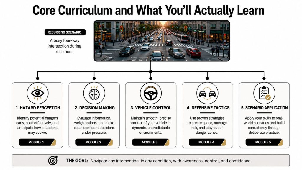 A diagram outlining a core curriculum for advanced driver education featuring five modules for safe navigation.