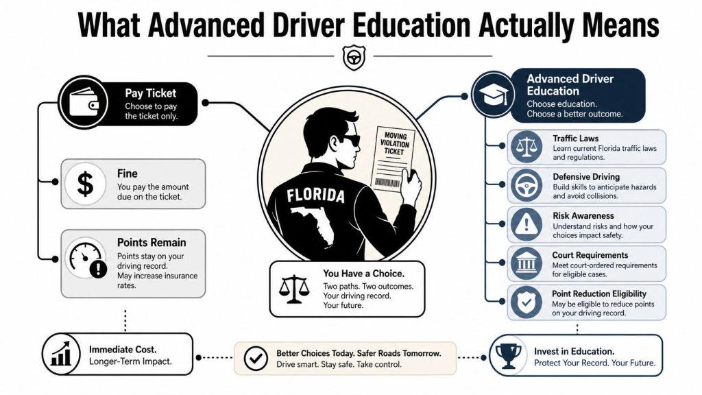 An infographic showing the choice between paying a traffic ticket or taking advanced driver education courses.