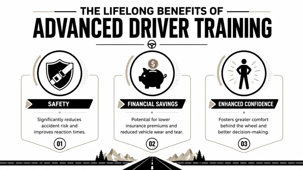 An infographic titled The Lifelong Benefits of Advanced Driver Training, detailing safety, financial savings, and enhanced confidence.