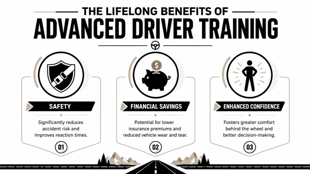 An infographic titled The Lifelong Benefits of Advanced Driver Training, detailing safety, financial savings, and enhanced confidence.