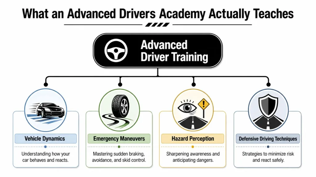 A diagram illustrating the four key components taught at an advanced drivers academy for improved safety.