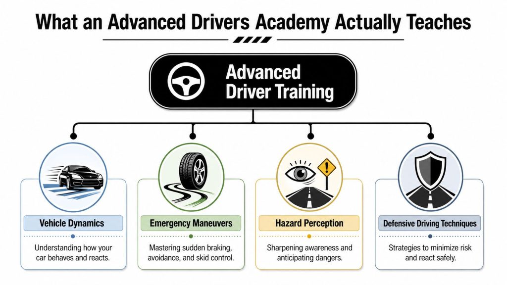 A diagram illustrating the four key components taught at an advanced drivers academy for improved safety.