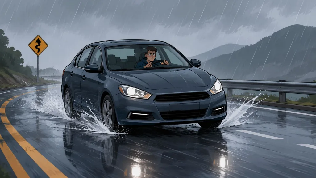A man drives a dark grey sedan through heavy rain on a winding mountain road.