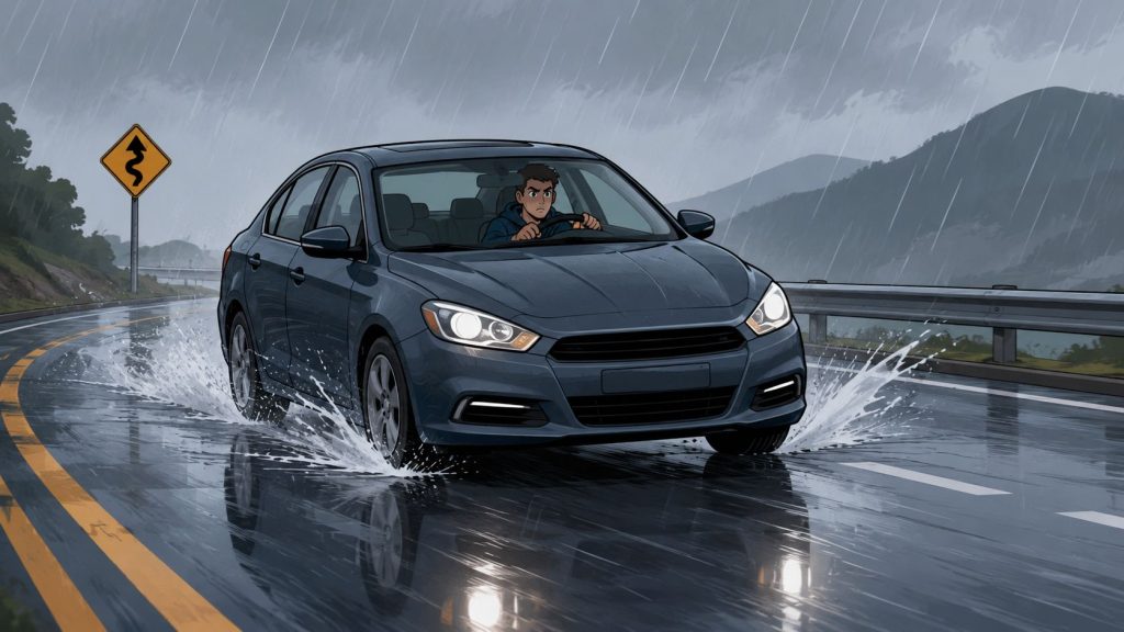 A man drives a dark grey sedan through heavy rain on a winding mountain road.