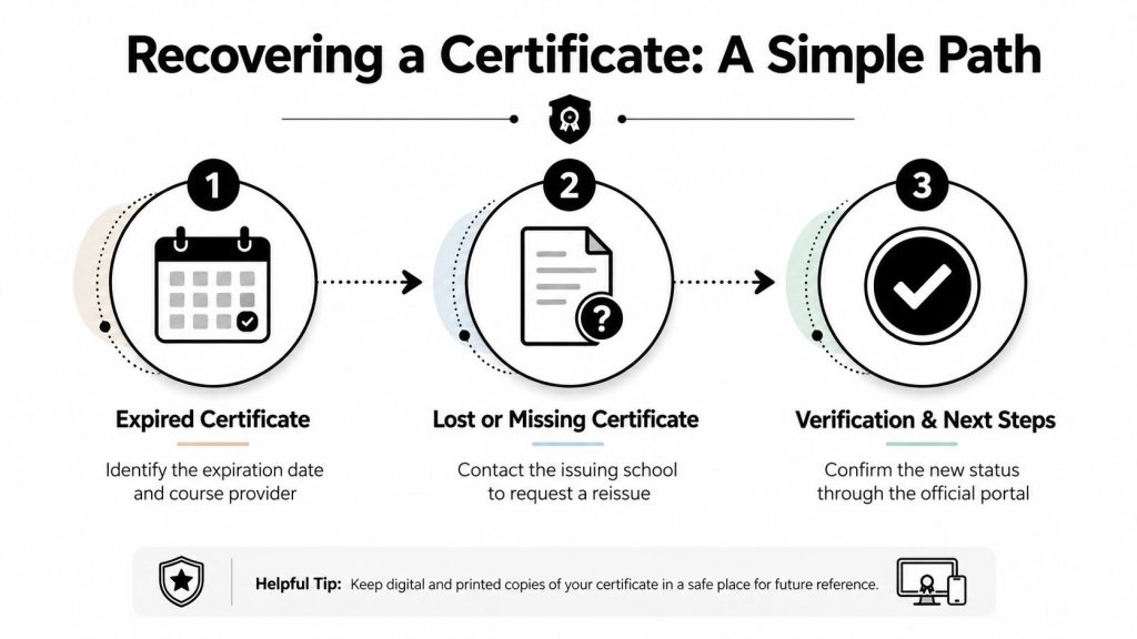 A flowchart diagram illustrating the three simple steps to recover an expired or missing official certificate.