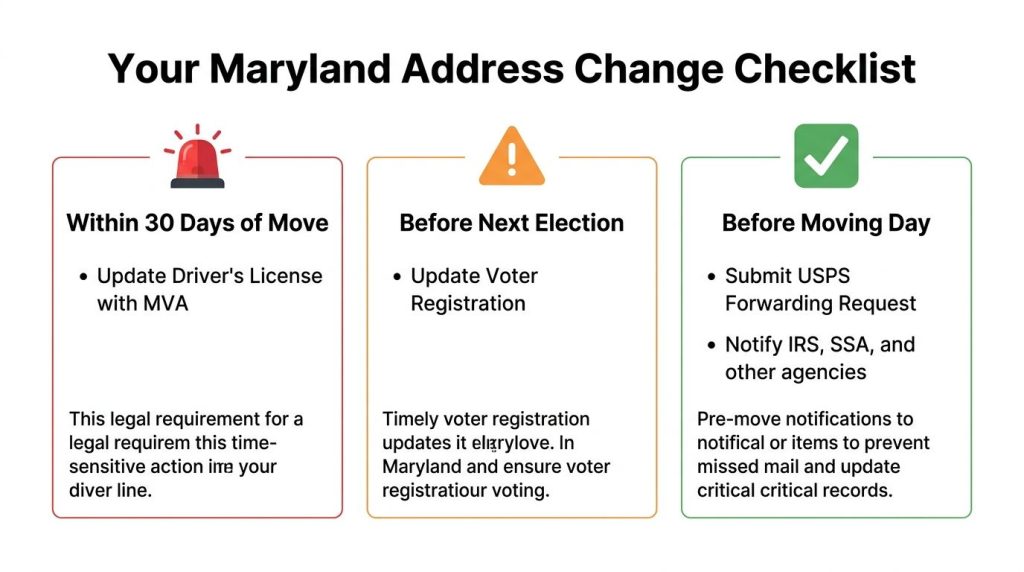 A Maryland address change checklist detailing tasks for before, during, and after moving to a new home.