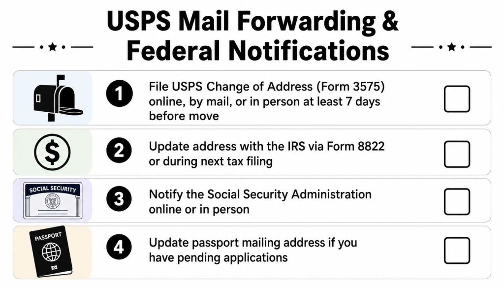 A checklist for updating your address with the USPS, IRS, Social Security Administration, and passport agency.