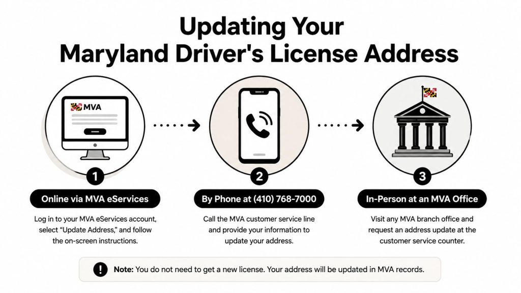 A graphic showing three ways to update a Maryland driver's license address: online, by phone, or in-person.