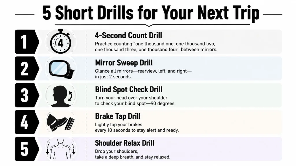 An infographic titled 5 Short Drills for Your Next Trip, listing five safe driving exercises with icons.