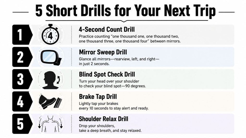 An infographic titled 5 Short Drills for Your Next Trip, listing five safe driving exercises with icons.