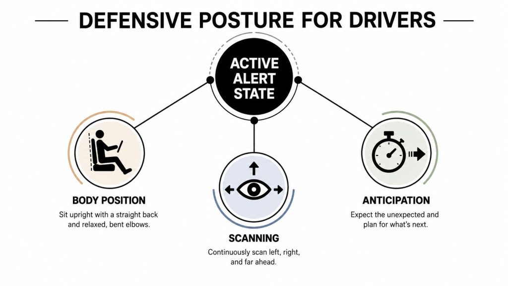 A diagram illustrating defensive driving posture, highlighting active alert state, body position, scanning, and anticipation techniques.