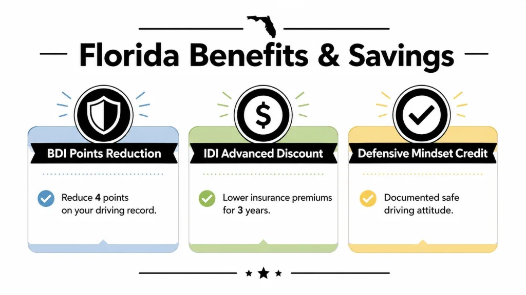 A graphic illustration detailing Florida traffic safety benefits including point reduction, insurance discounts, and safety credits.