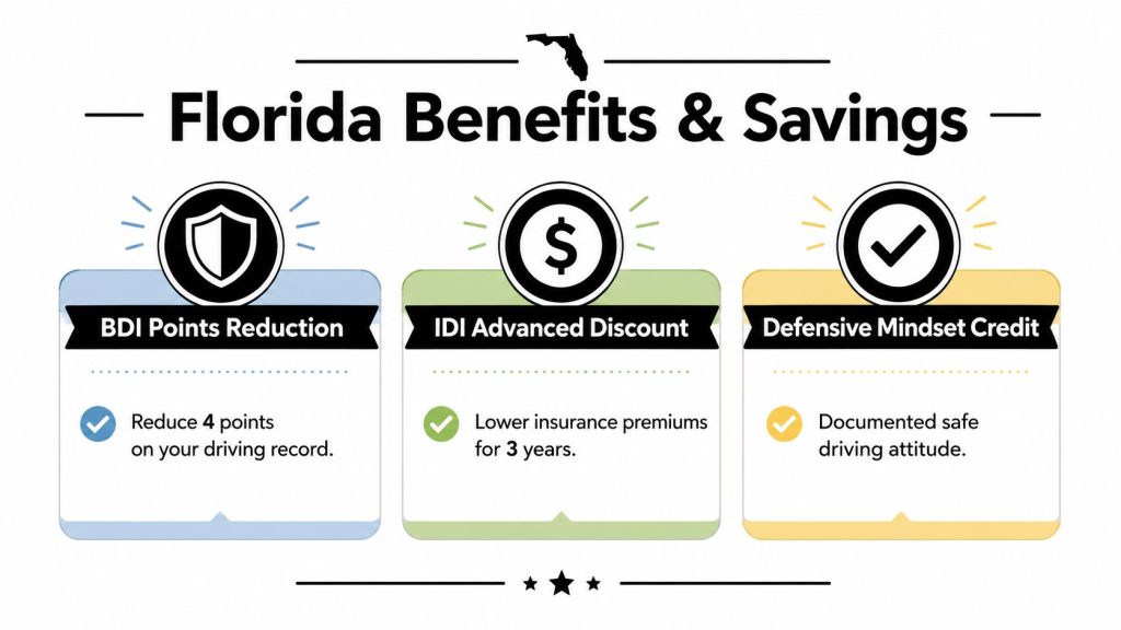 A graphic illustration detailing Florida traffic safety benefits including point reduction, insurance discounts, and safety credits.