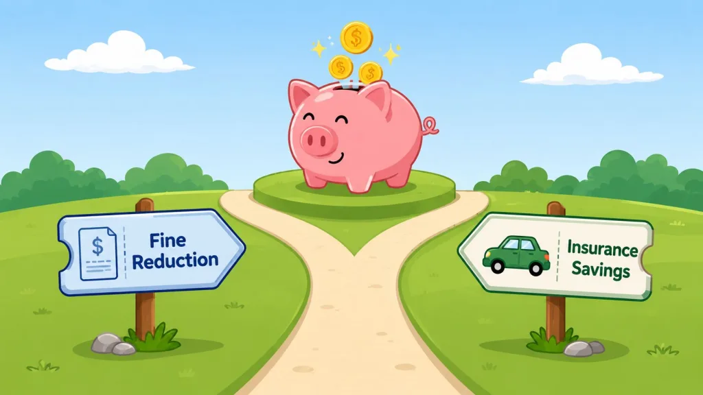 A piggy bank sitting at a fork in the road representing fine reduction and insurance savings.
