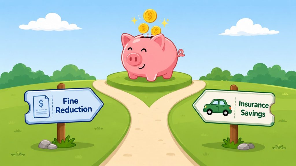 A piggy bank sitting at a fork in the road representing fine reduction and insurance savings.