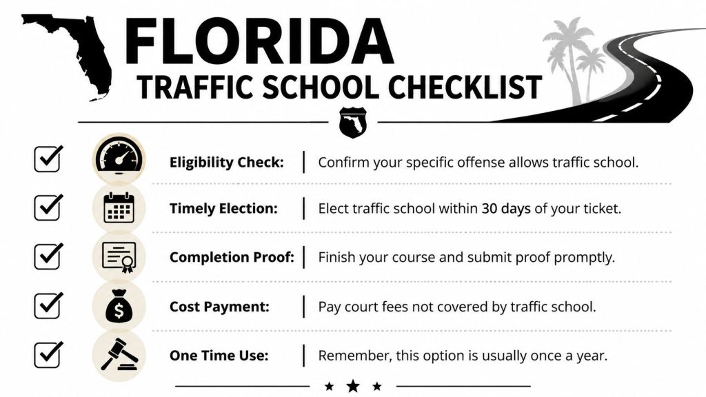 A checklist for Florida drivers explaining the requirements for electing to attend traffic school for tickets.