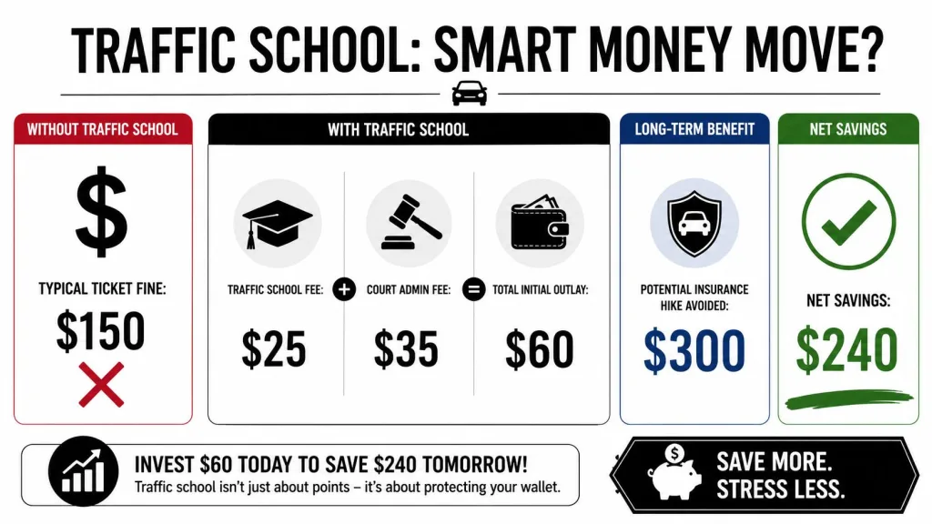An infographic showing that taking traffic school can save money by avoiding increased insurance premiums.