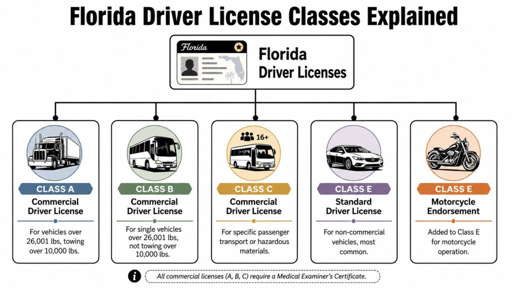 A diagram outlining the different classes of Florida driver licenses, including commercial and non-commercial vehicle categories.