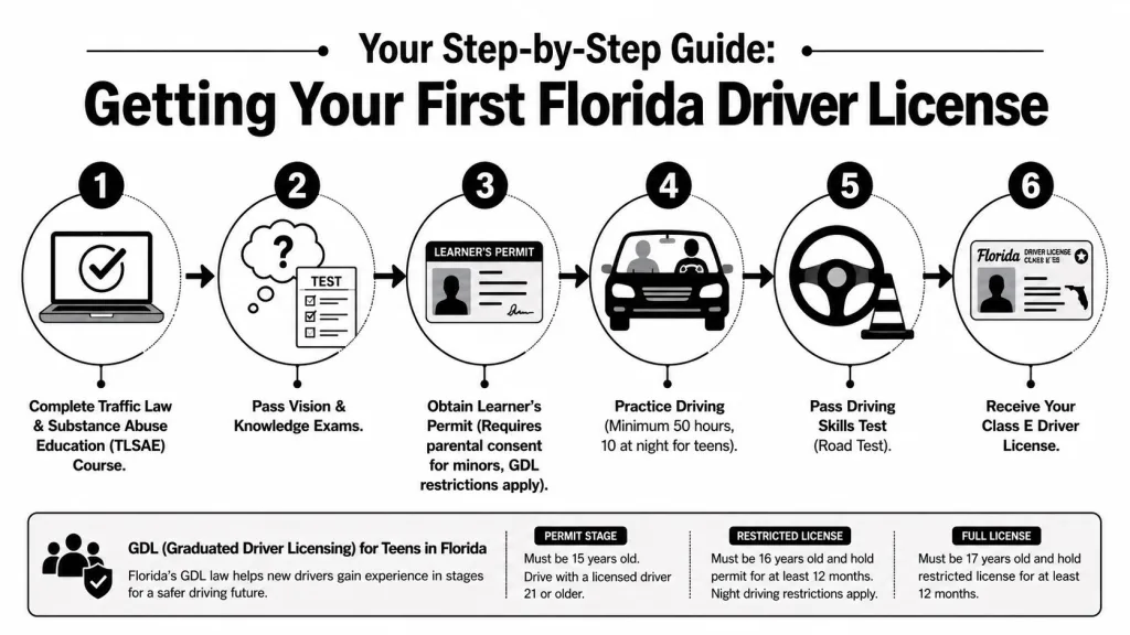 A six-step infographic illustrating the process of obtaining a Florida driver license for teenagers.