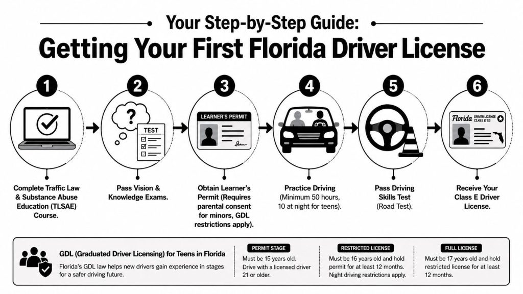A six-step infographic illustrating the process of obtaining a Florida driver license for teenagers.