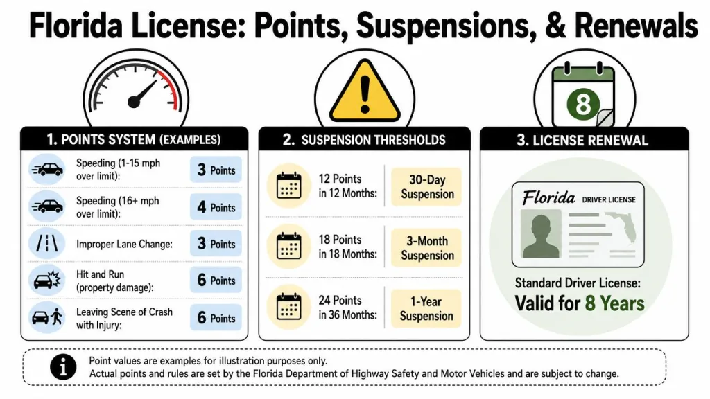 An infographic detailing the Florida driver license points system, suspension thresholds, and renewal validity period.