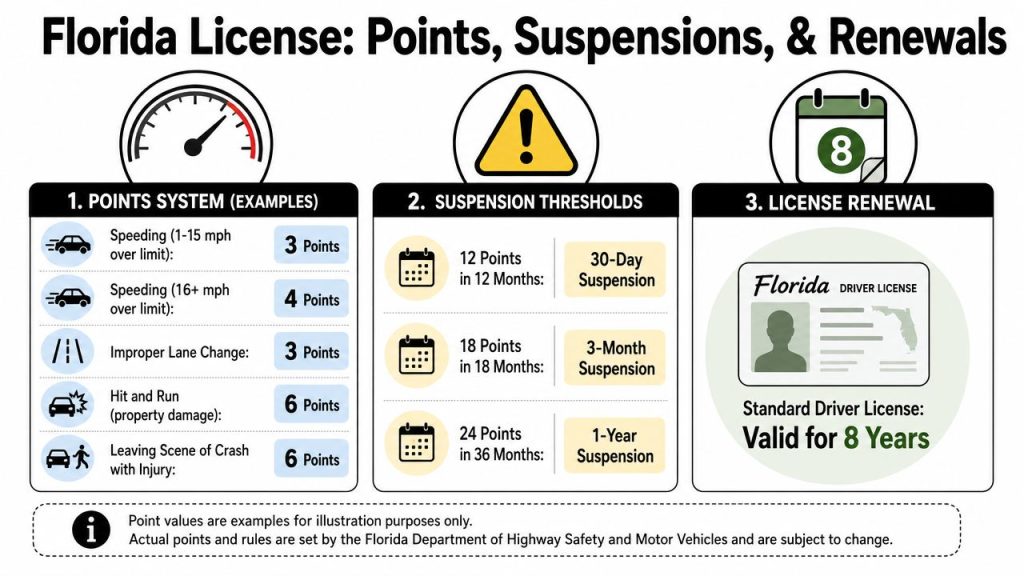 An infographic detailing the Florida driver license points system, suspension thresholds, and renewal validity period.