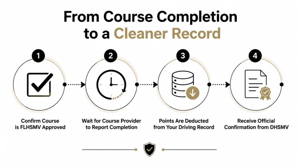 A flowchart showing four steps to reduce driving record points after completing a Florida traffic course.