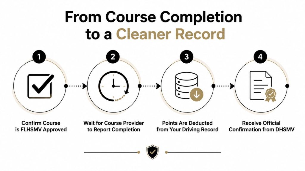 A flowchart showing four steps to reduce driving record points after completing a Florida traffic course.