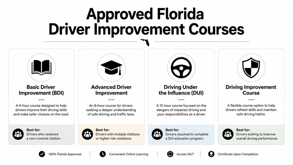 An infographic showing four different approved Florida driver improvement courses and their respective target audiences.