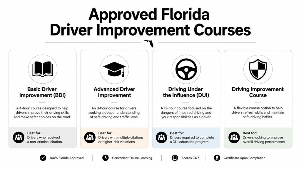 An infographic showing four different approved Florida driver improvement courses and their respective target audiences.